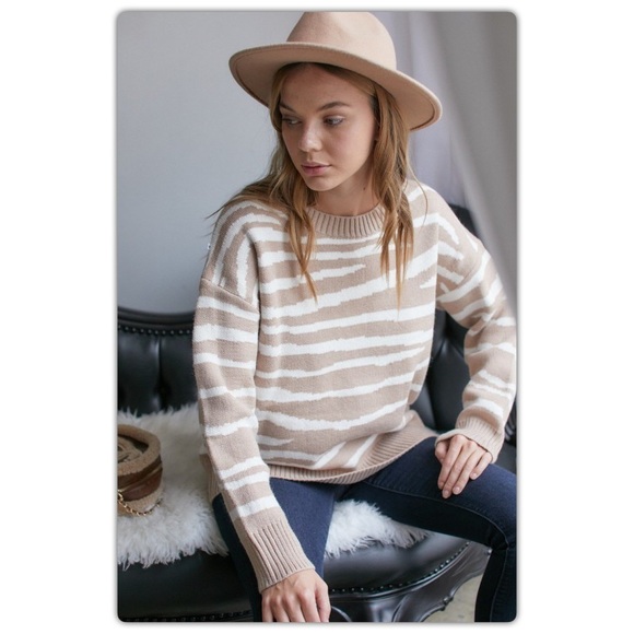 Tan and White Zebra Striped Sweater - Picture 6 of 8